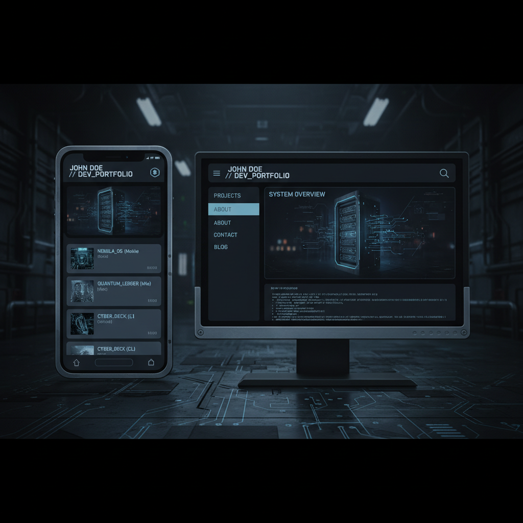 Split screen of mobile and desktop app UI, dark theme, clean
