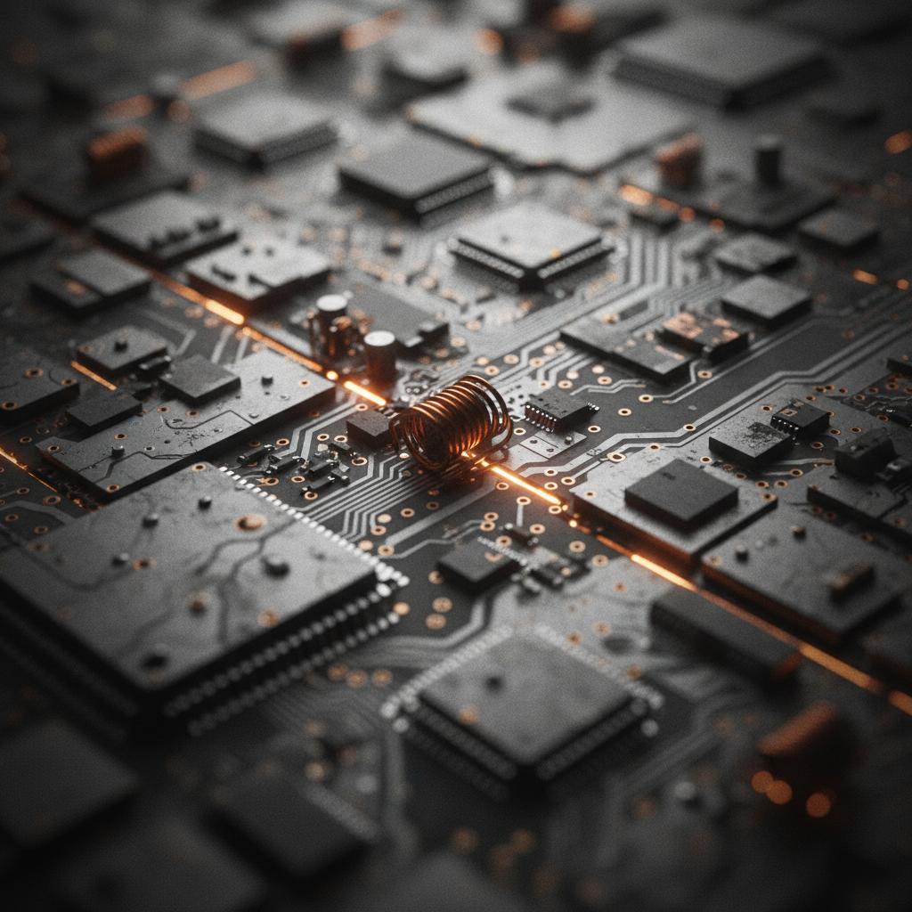 Abstract circuit board macro shot, dark steel tones, shallow depth of field