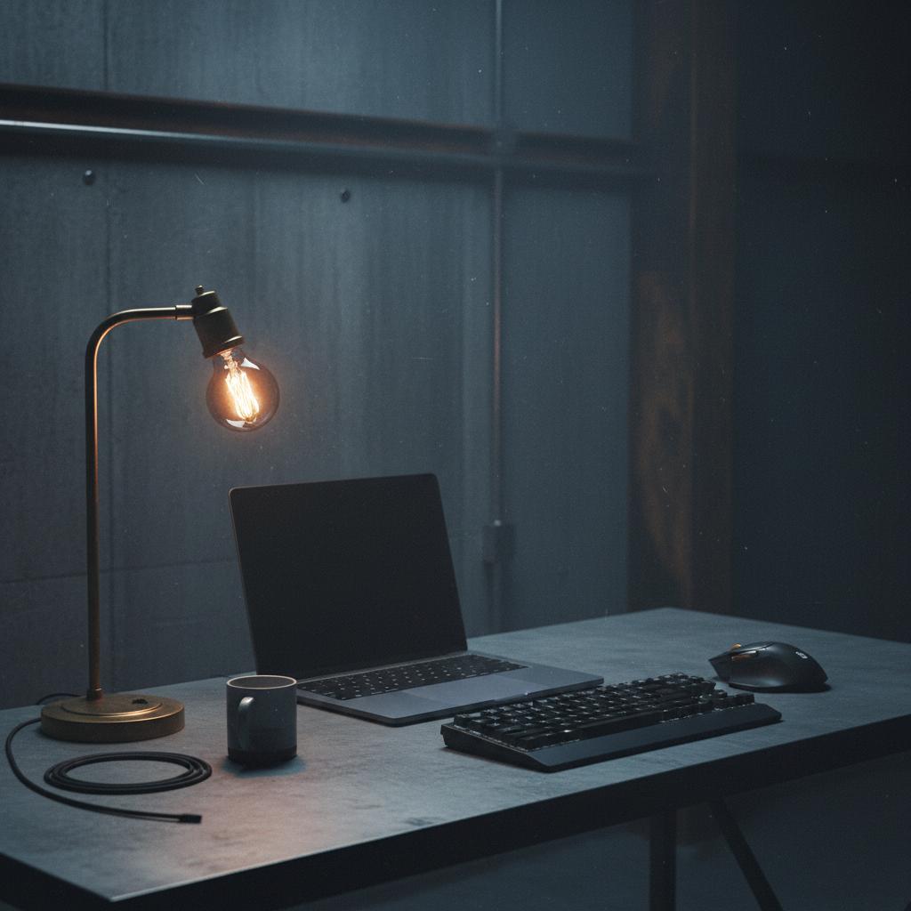 Minimalist desk setup with laptop, dark background, single amber lamp