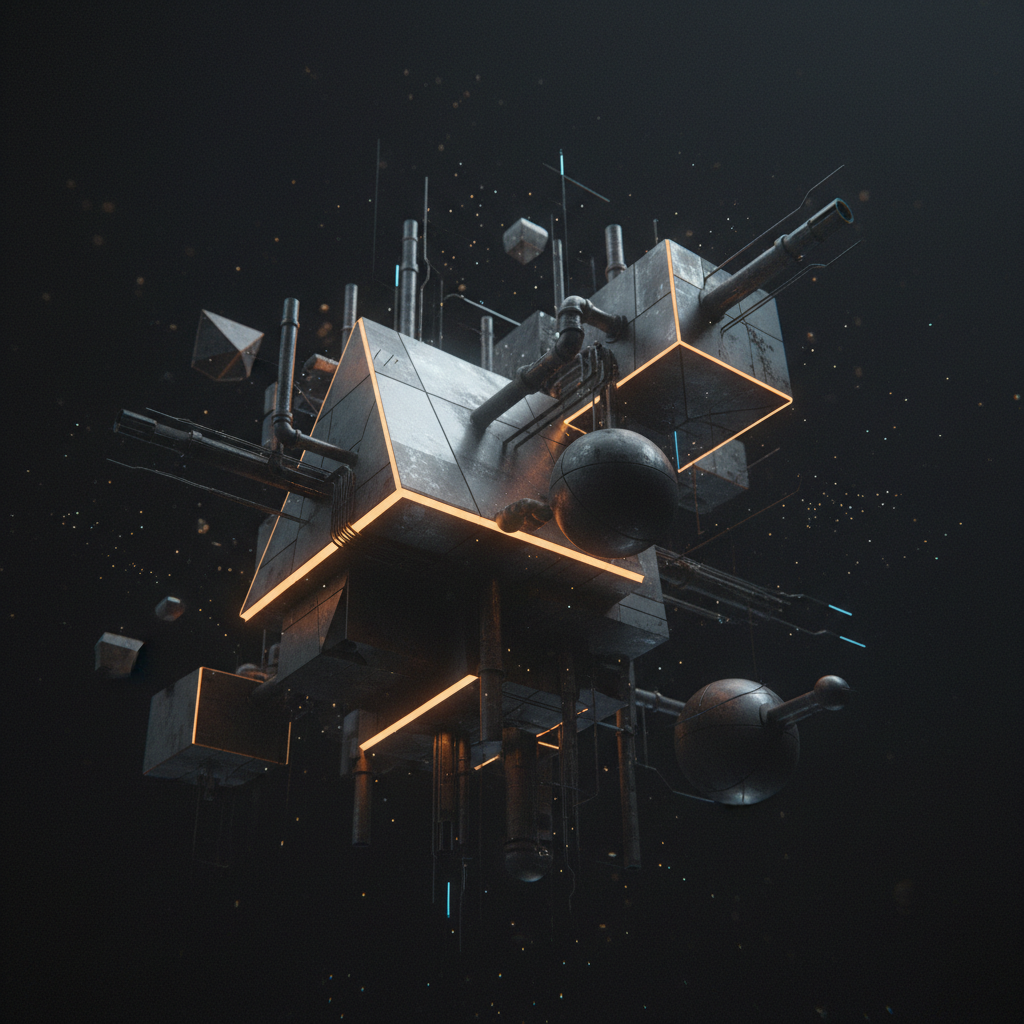 3D geometric shapes floating in dark void, amber accent light