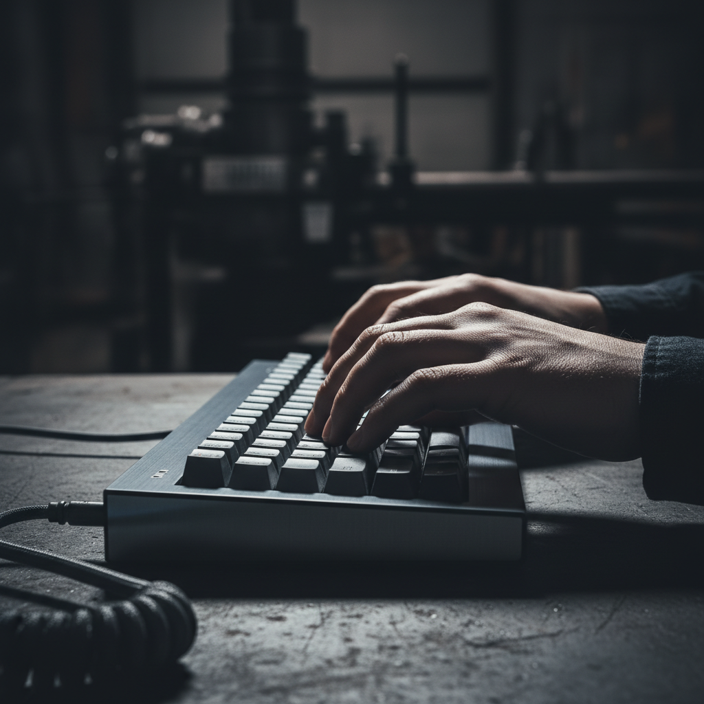 Developer hands typing on mechanical keyboard, dramatic side lighting