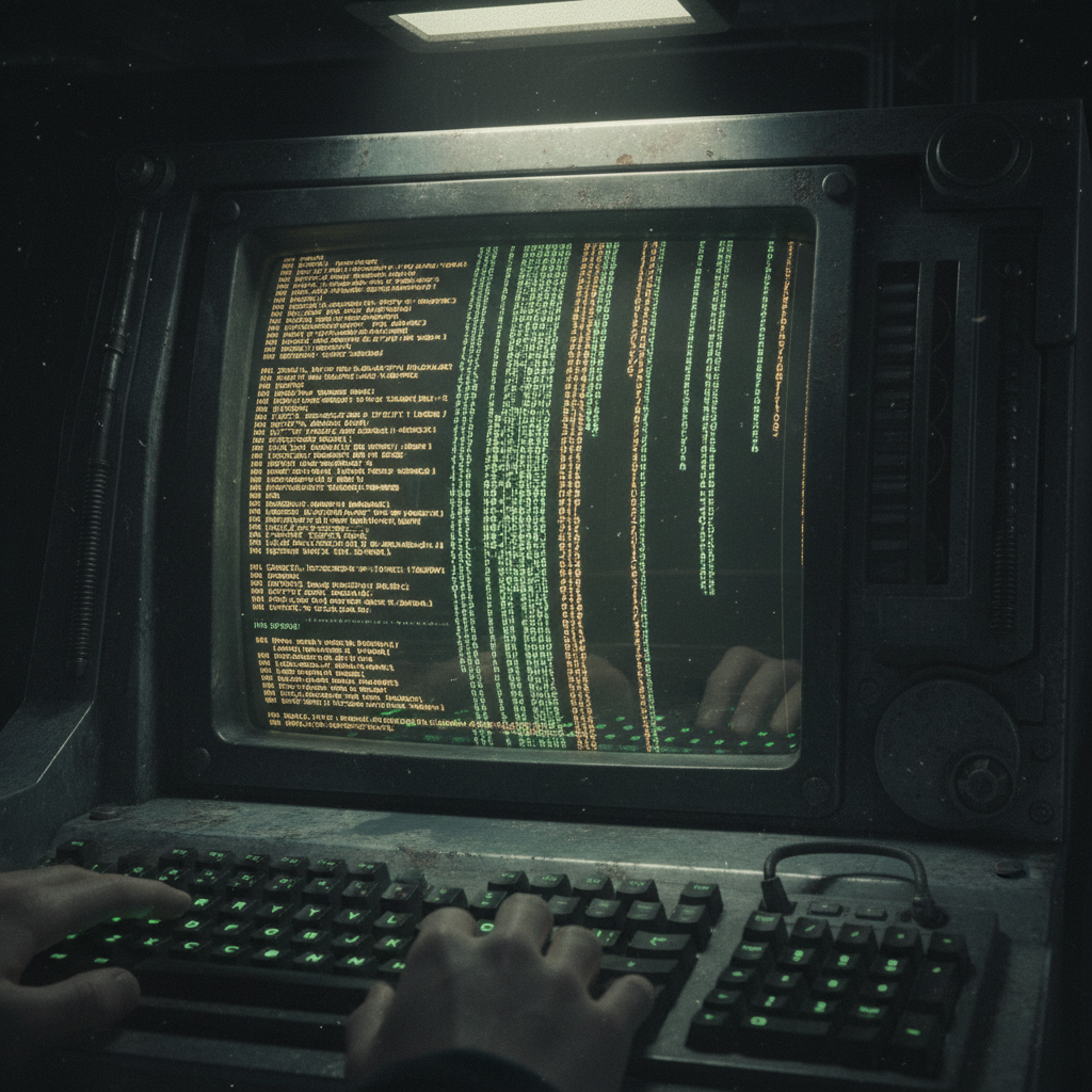 Dark terminal screen with green and amber code scrolling, close-up