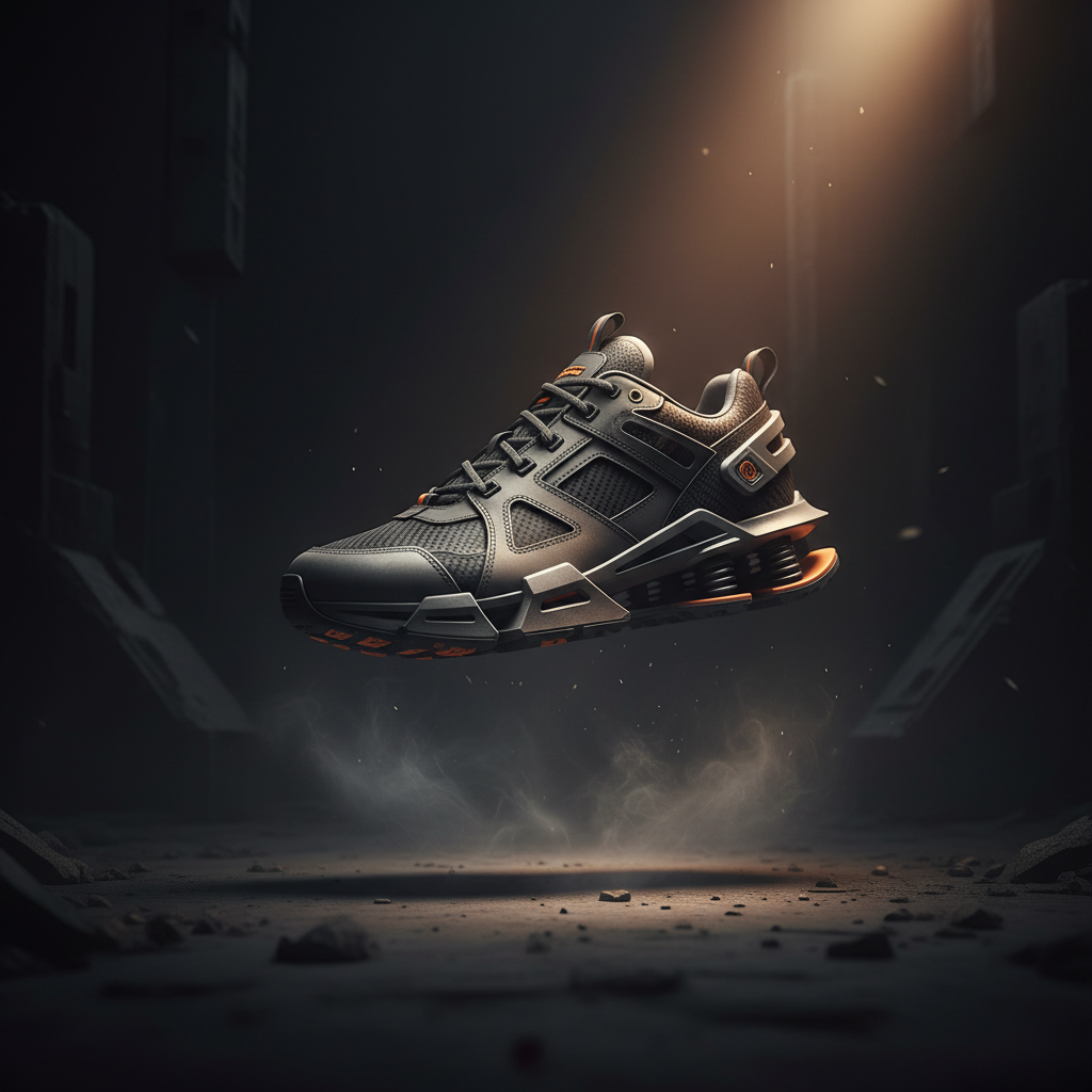 Sneaker shoe floating in dark void, amber spotlight, product photography style