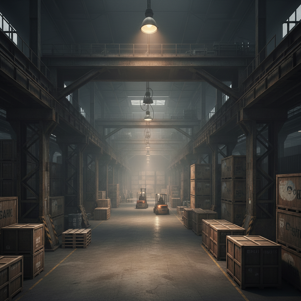 Dark industrial freight warehouse interior, amber work lights, cinematic