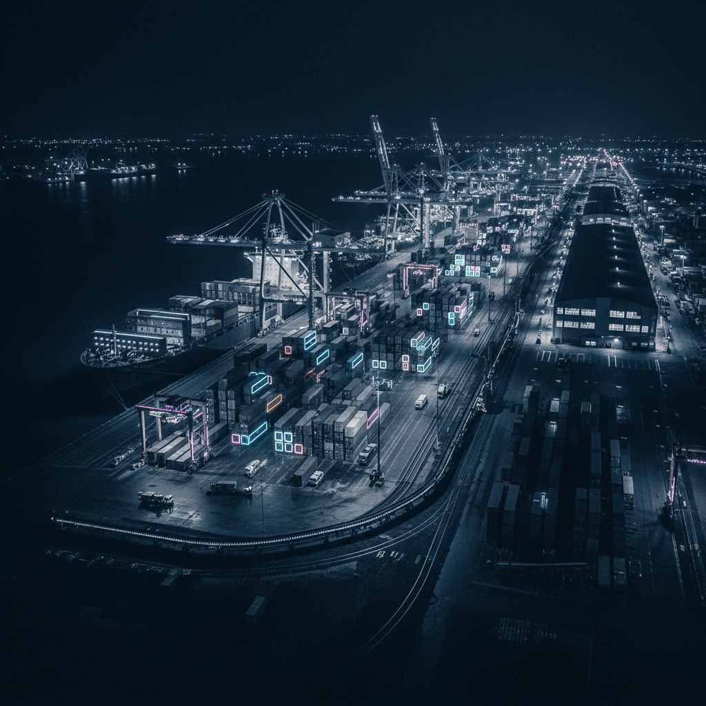 Dark navy cargo shipping port aerial view at night, neon accents