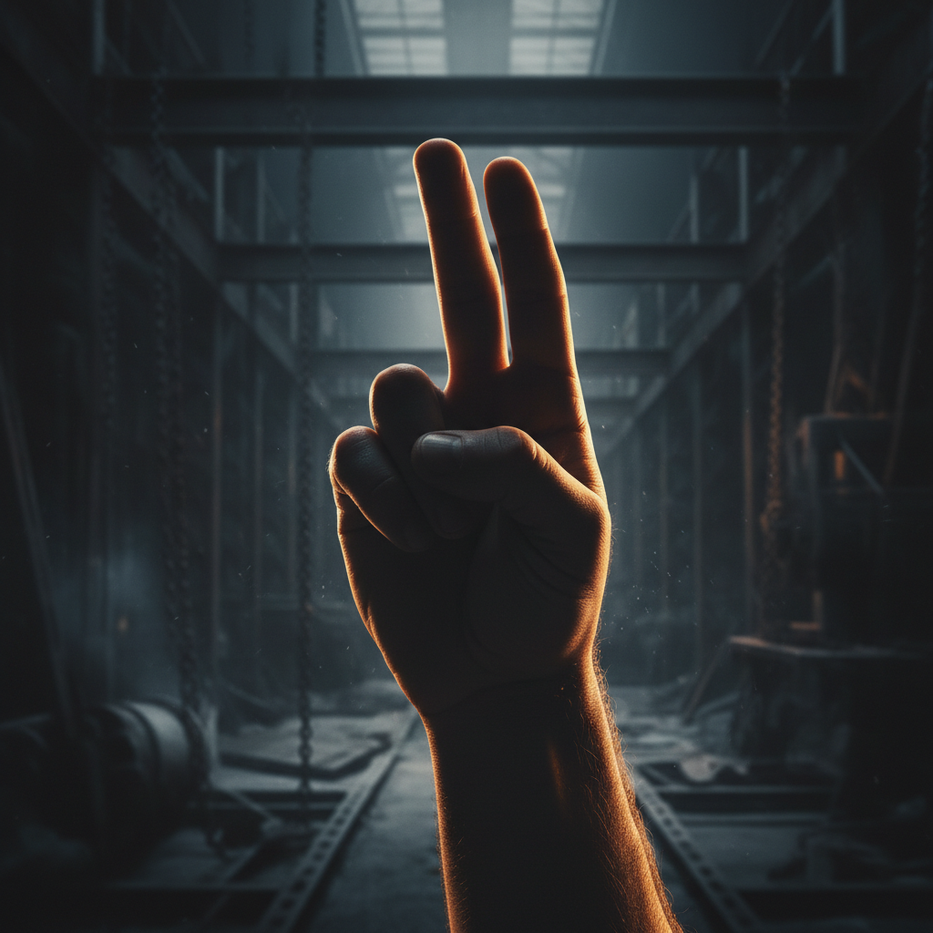Hand making sign language gesture, dark background, amber rim light, cinematic