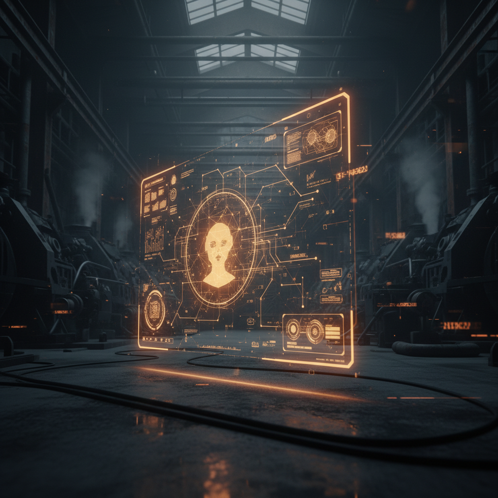 Futuristic AI assistant interface hologram dark room amber glow